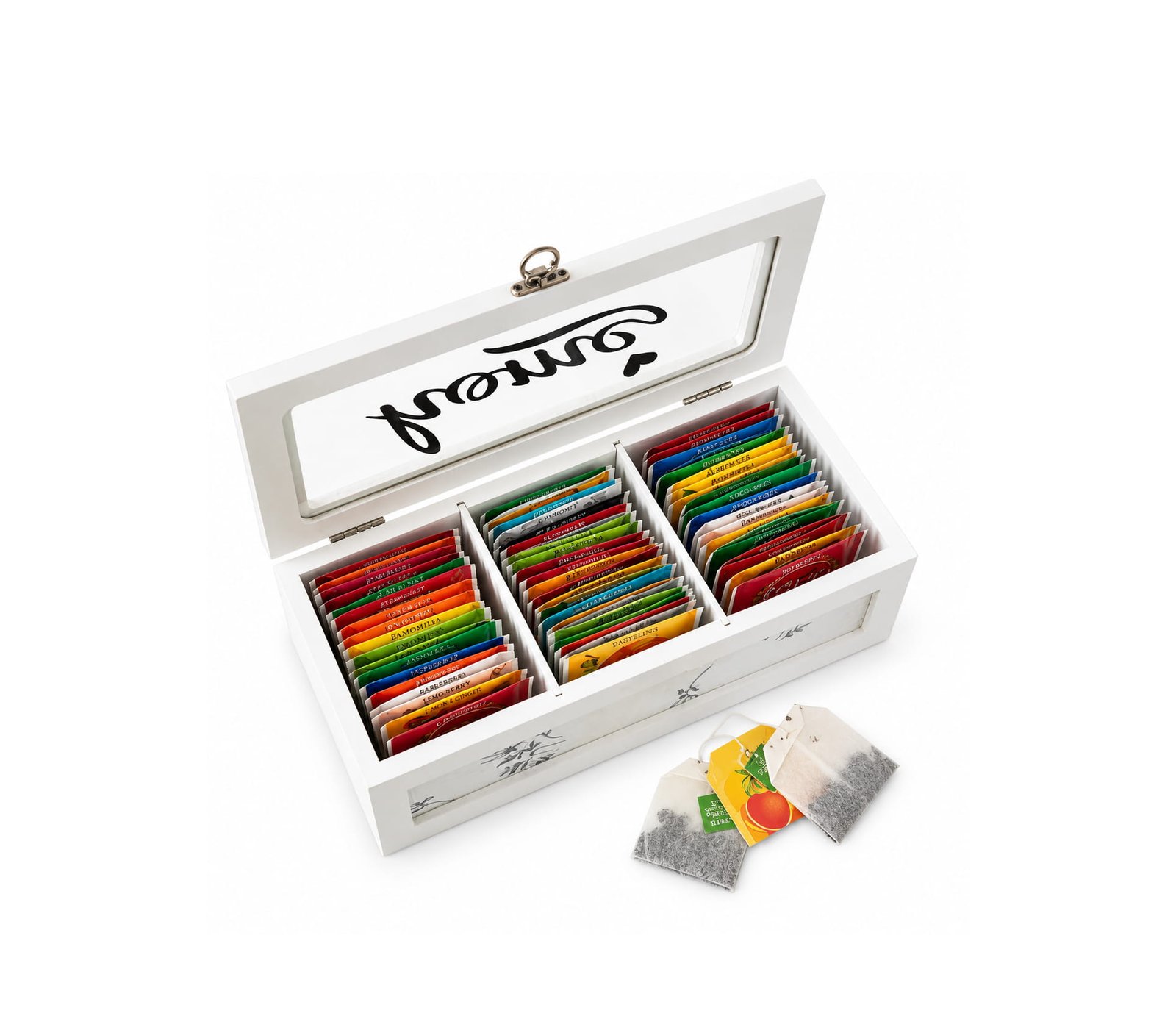 WHITE WOODEN TEA BOX WITH 3 COMPARTMENTS
