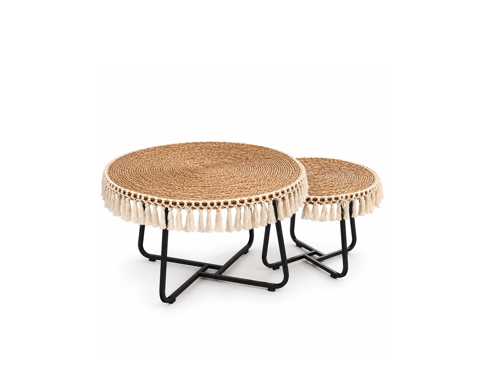 SET OF 2 ROUND TABLES WITH DECORATIVE STRAW TOPS