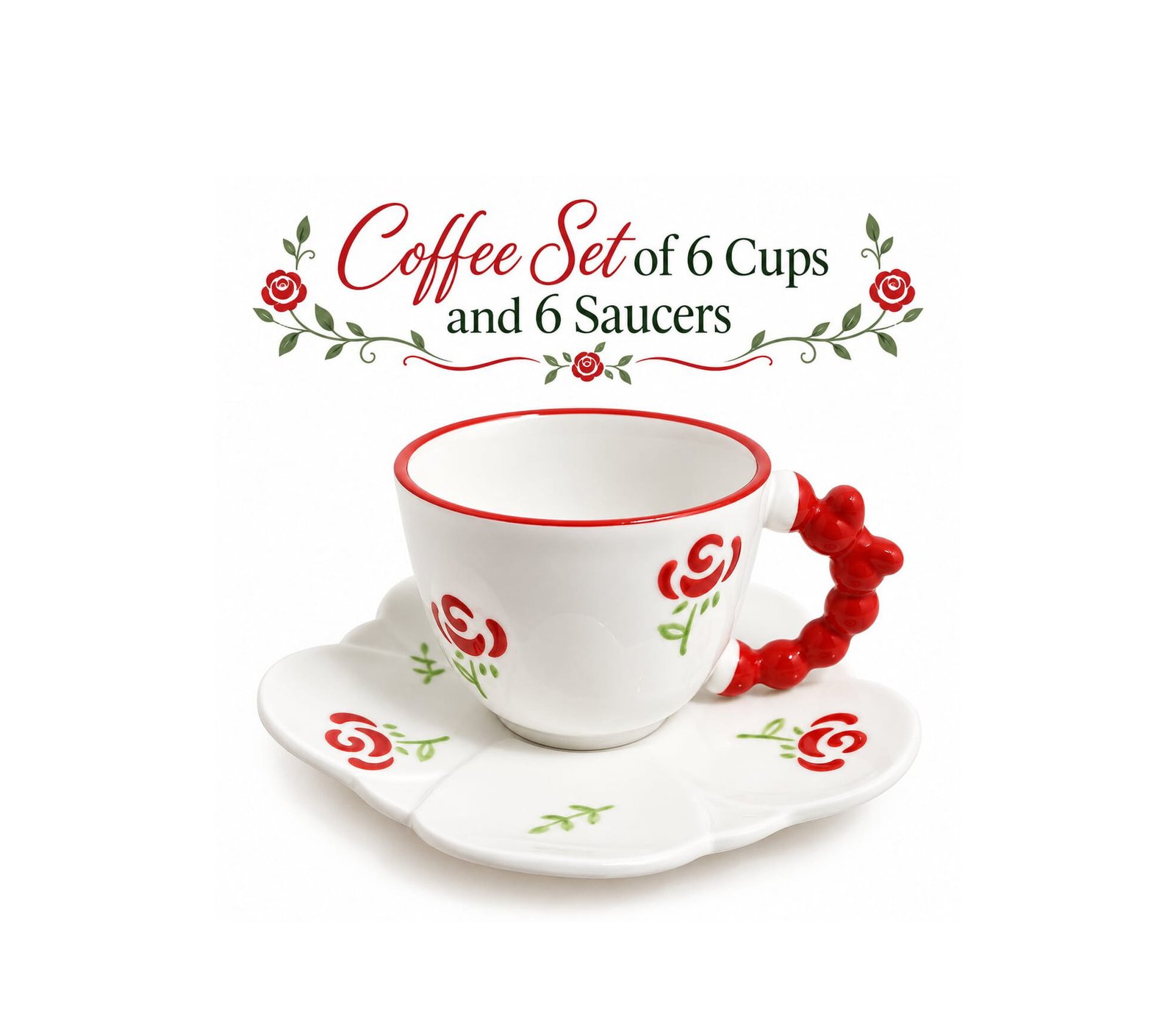 FLORAL CERAMIC COFFEE SET OF 6 CUPS & 6 SAUCERS