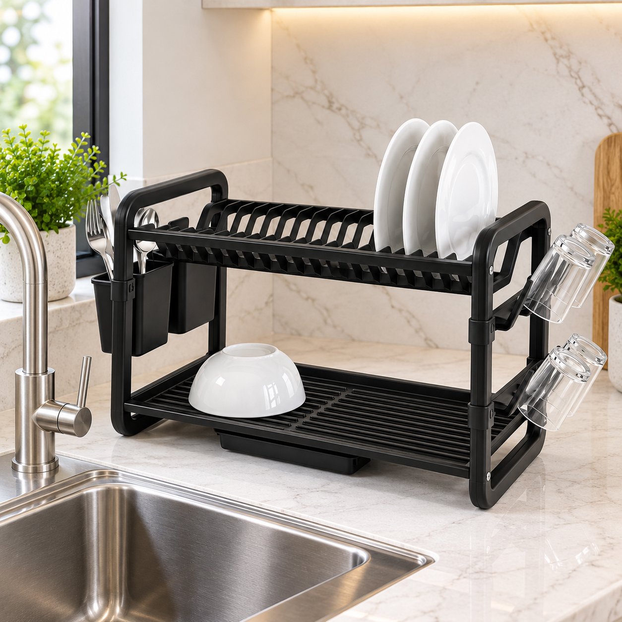 2-TIER BLACK ALUMINUM DISH RACK WITH HOLDERS - Image 3