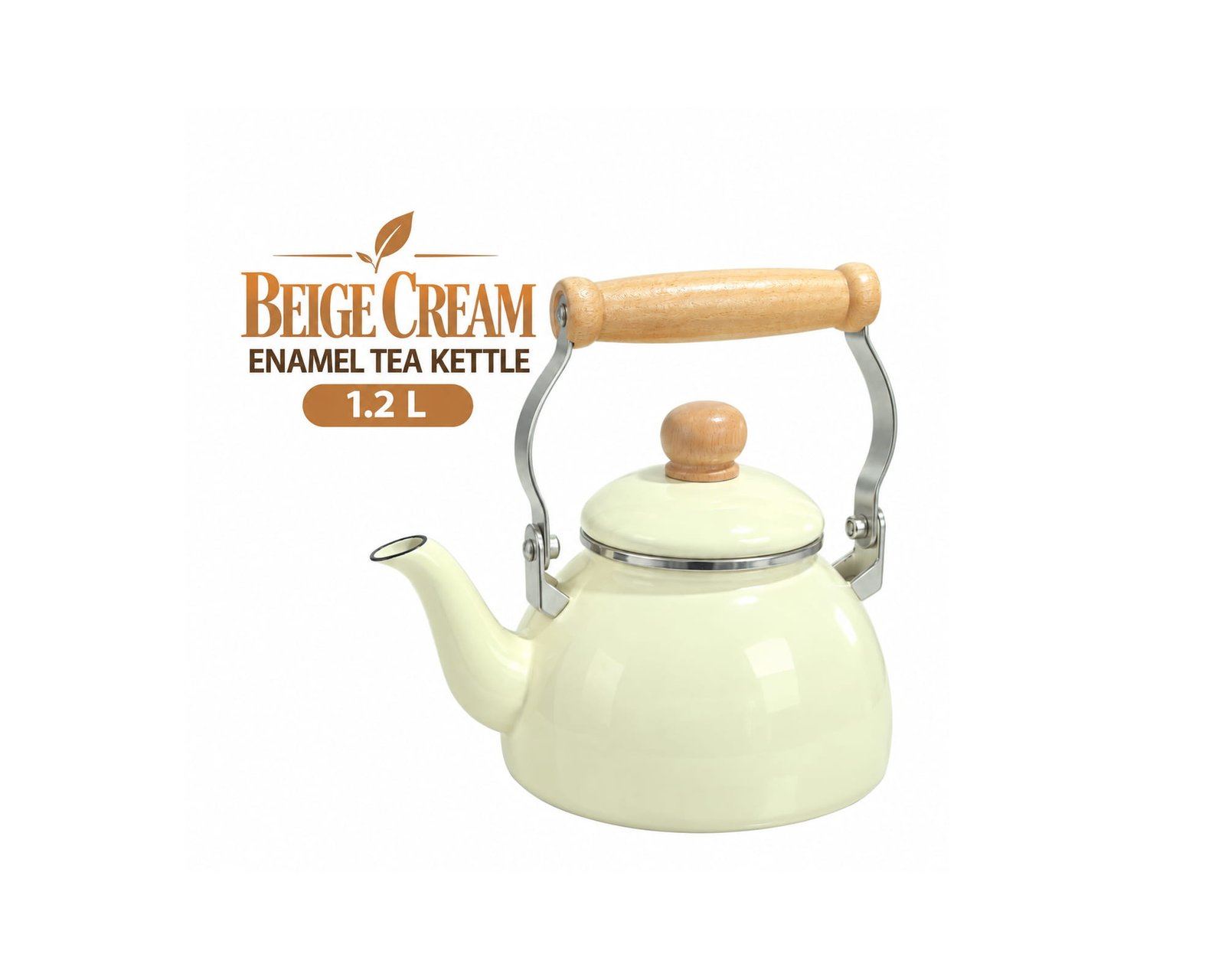 BEIGE CREAM ENAMEL TEA KETTLE 1.2 L - WOODEN HANDLE