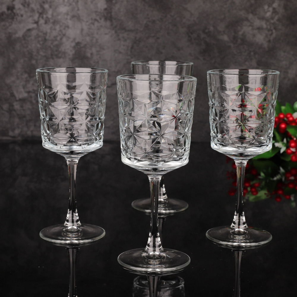 Estrella round long glass set of 4 with faceted design made from high quality tempered glass for cocktails and beverages