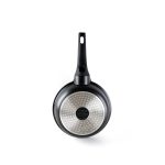 Dosthoff 1.3L ceramic non stick saucepan with glass lid and long handle placed on stove in modern kitchen