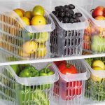 transparent plastic fridge organizer basket filled with vegetables for refrigerator storage organization