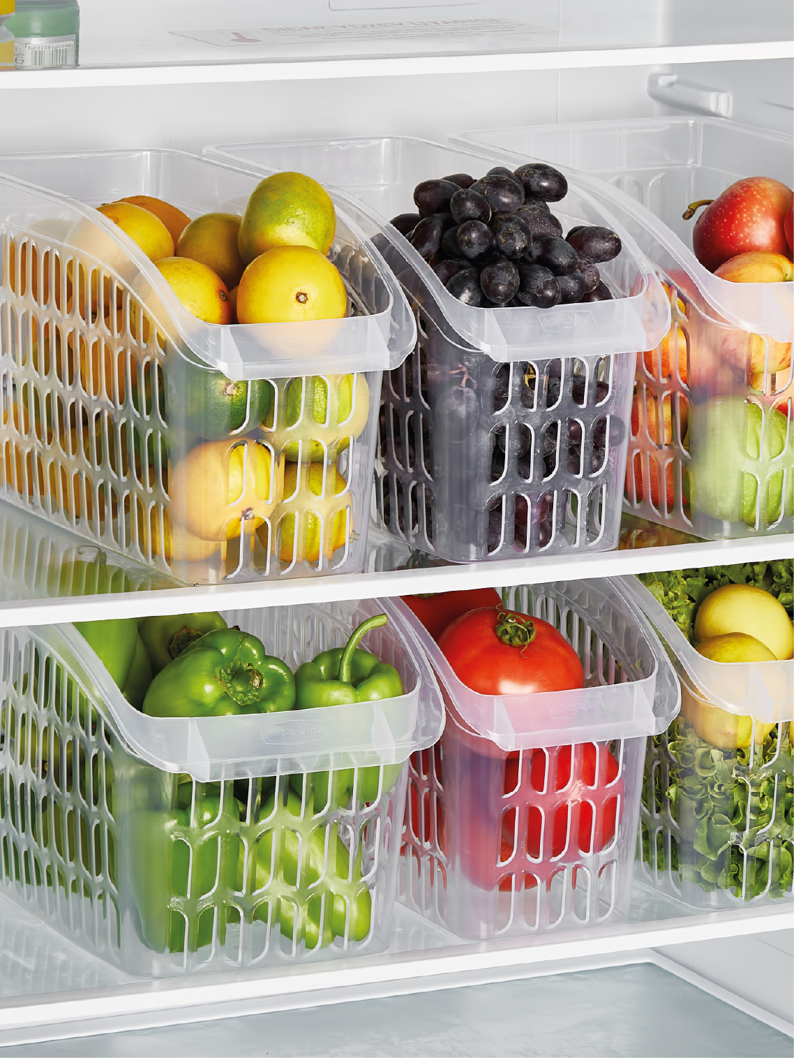 lastic fridge organizer basket filled with vegetables for refrigerator storage organization