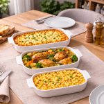 Three white ceramic rectangular baking pans set with handles stacked together on a clean white background