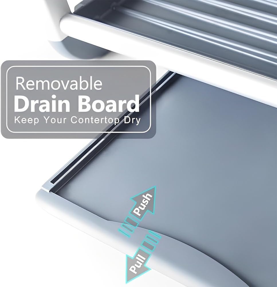 Aluminium 3-Tier Dish Drying Rack with Cutlery and Cup Holders on Kitchen Counter