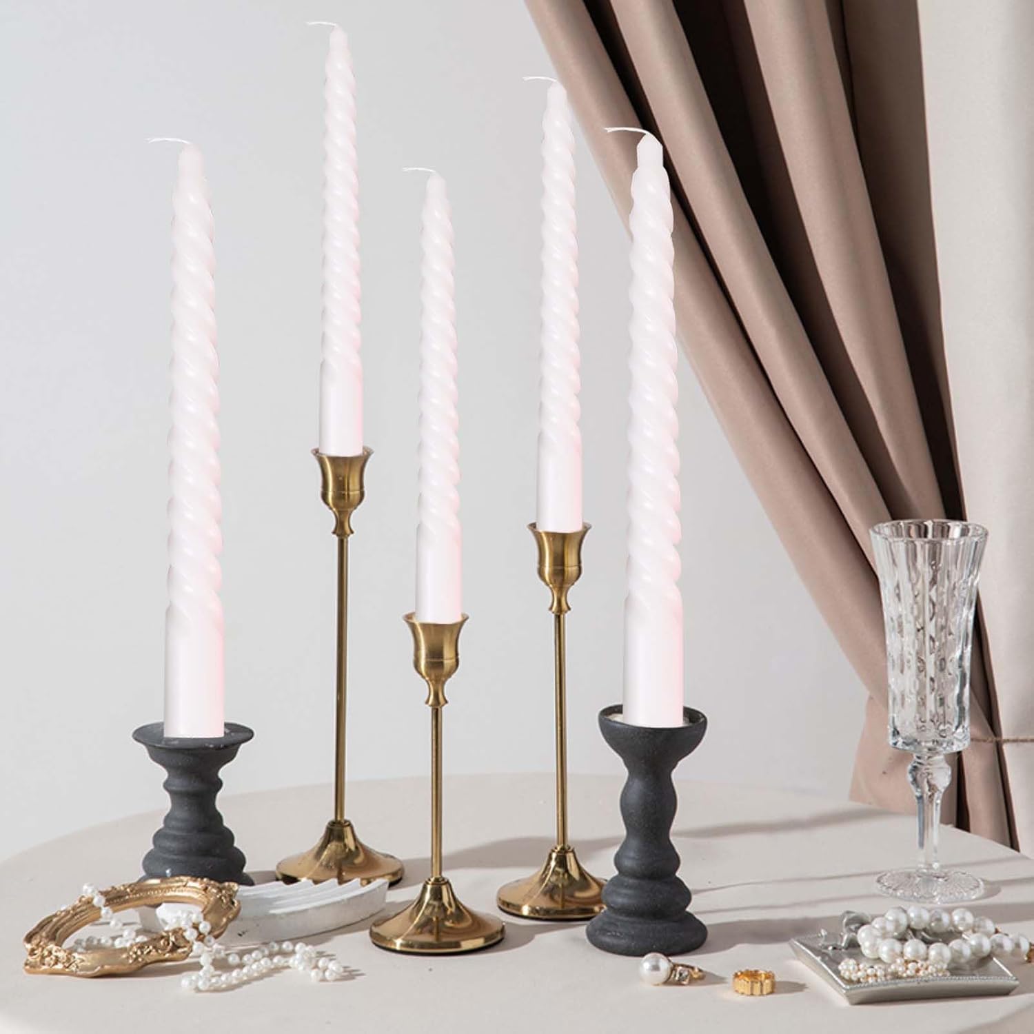 Set of 4 silver spiral taper candles with long burn smokeless design for dinner table, wedding decoration and home décor