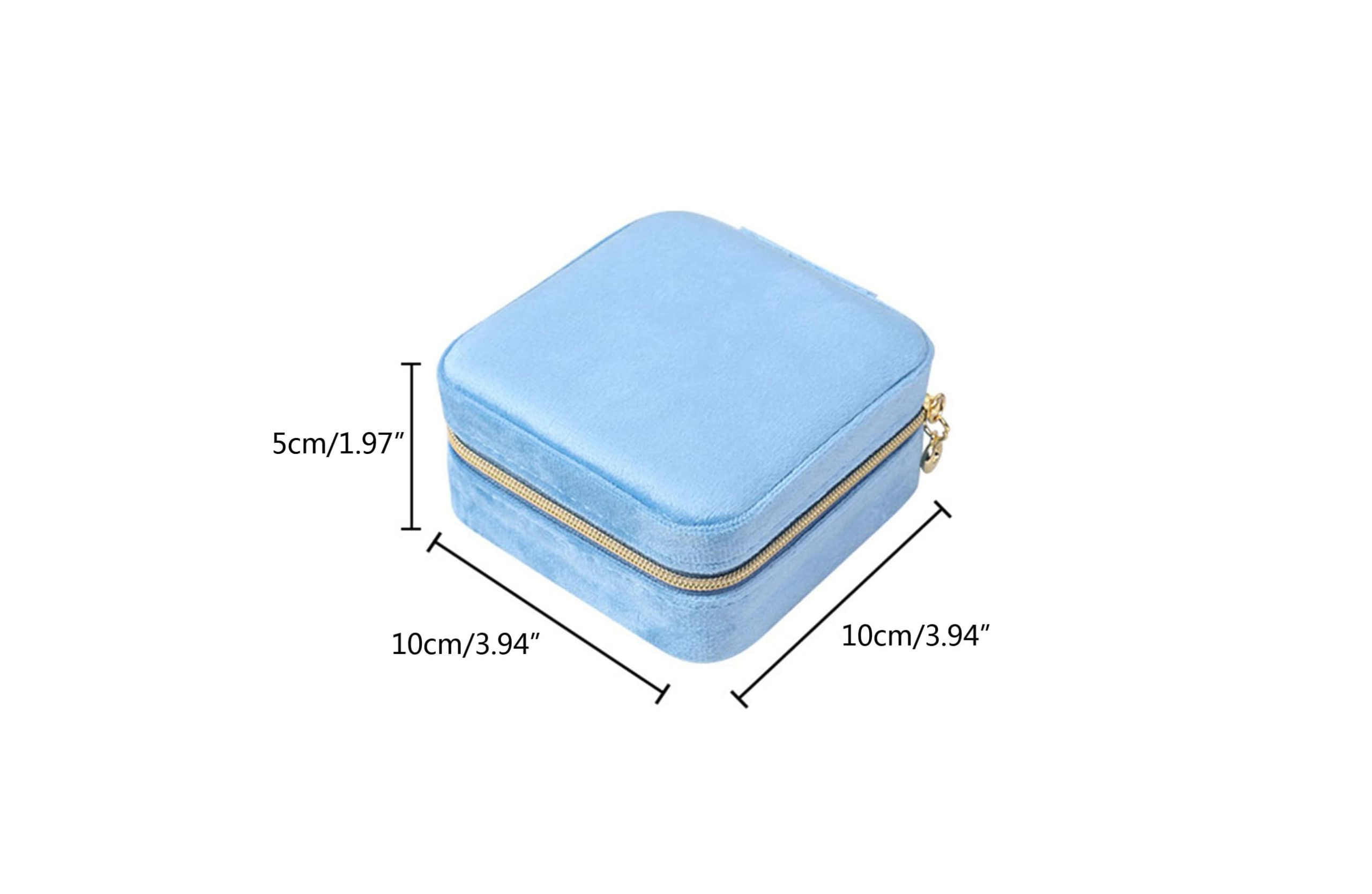 Portable velvet square travel jewellery box with zipper compartments for rings, earrings, necklaces and bracelets