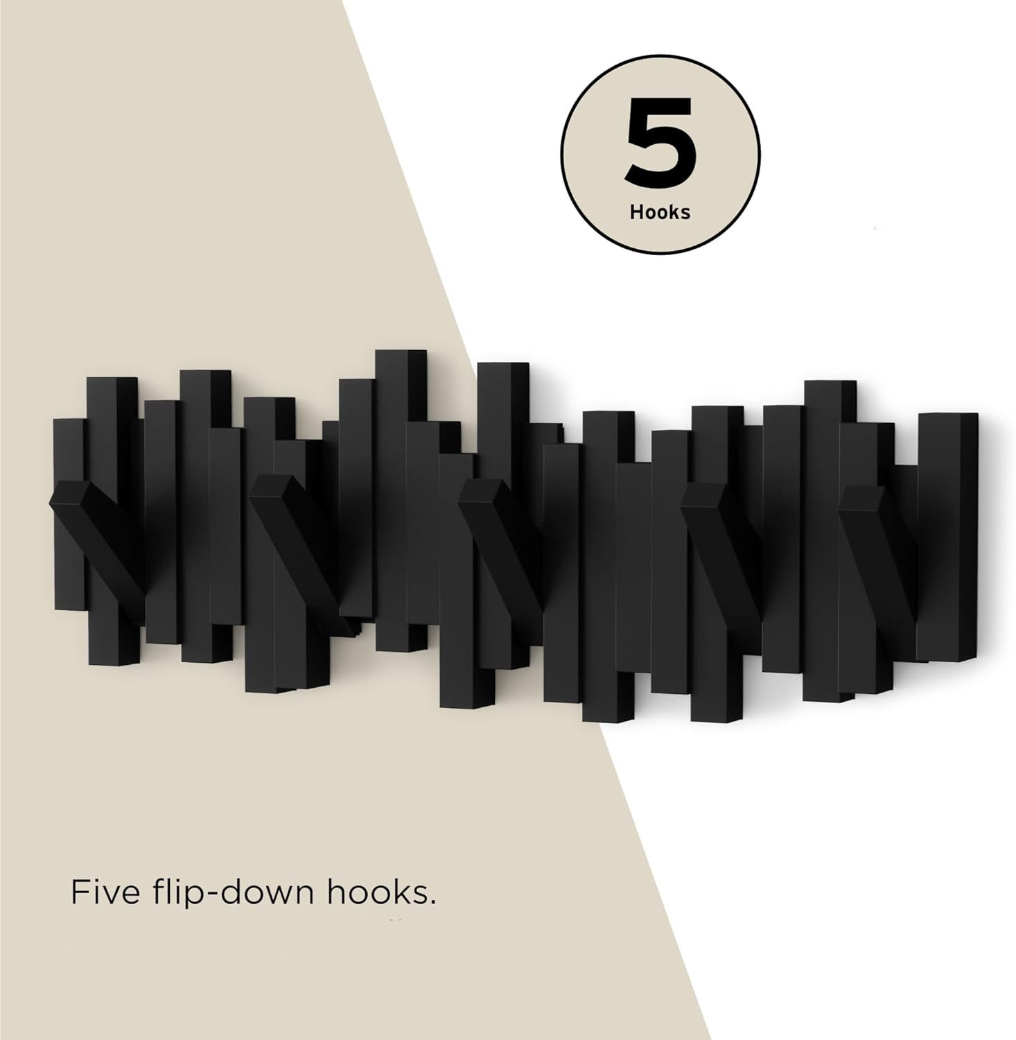 Piano style wall-mounted coat rack with 5 retractable flip hooks made of wood in black color for space saving organization