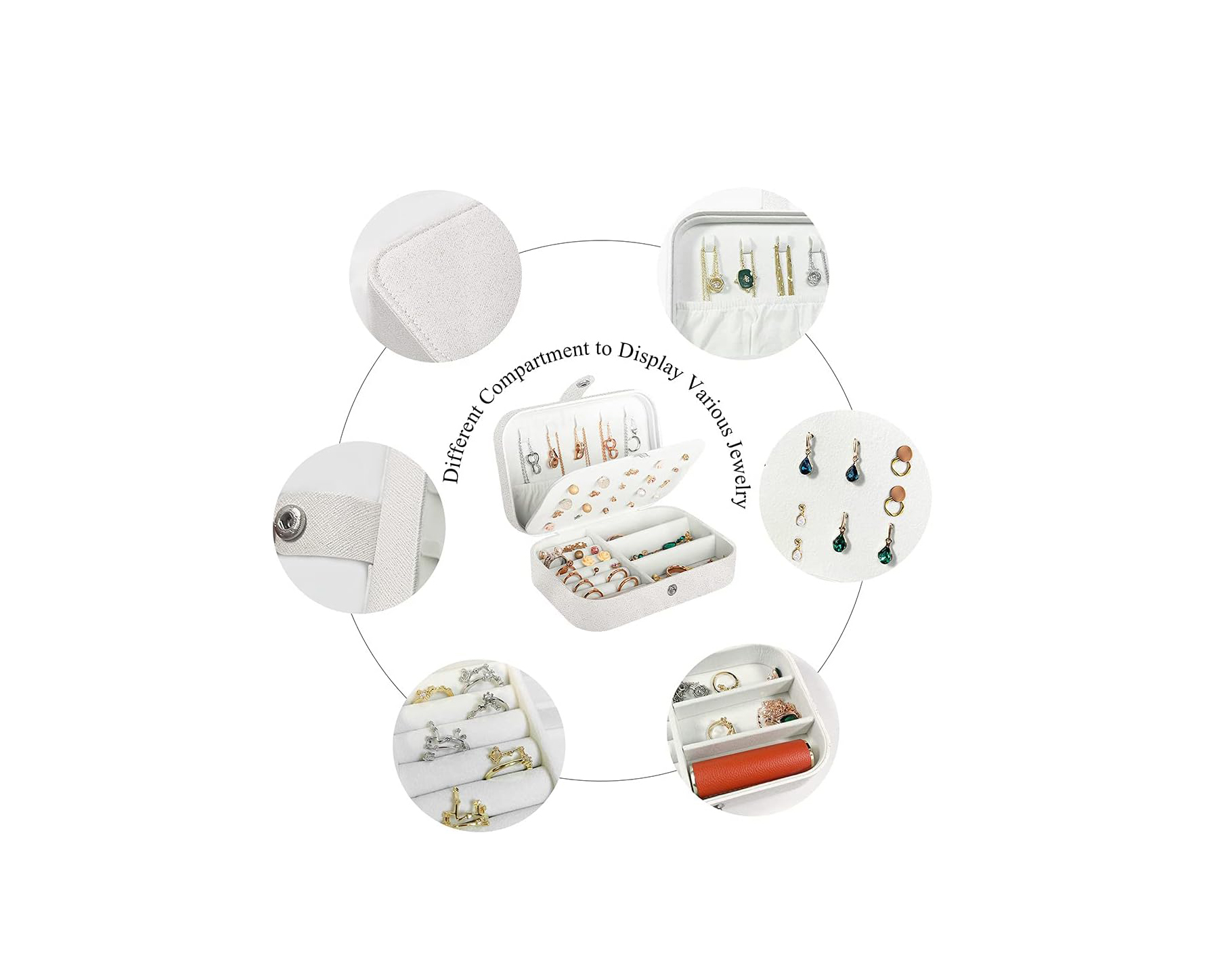 PU leather travel jewelry box with double layer compartments for rings, earrings, necklaces and bracelets