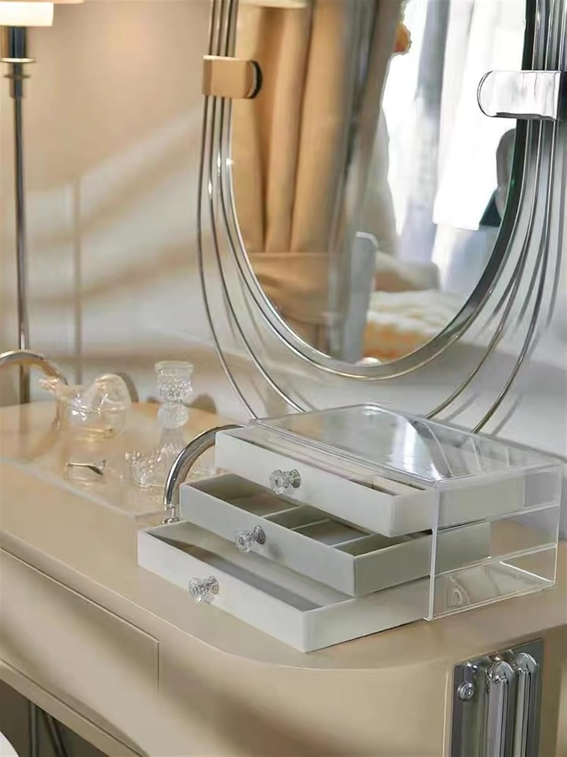 transparent acrylic jewelry box organizer with drawers for rings, earrings and necklaces storage by Homedash in Lebanon