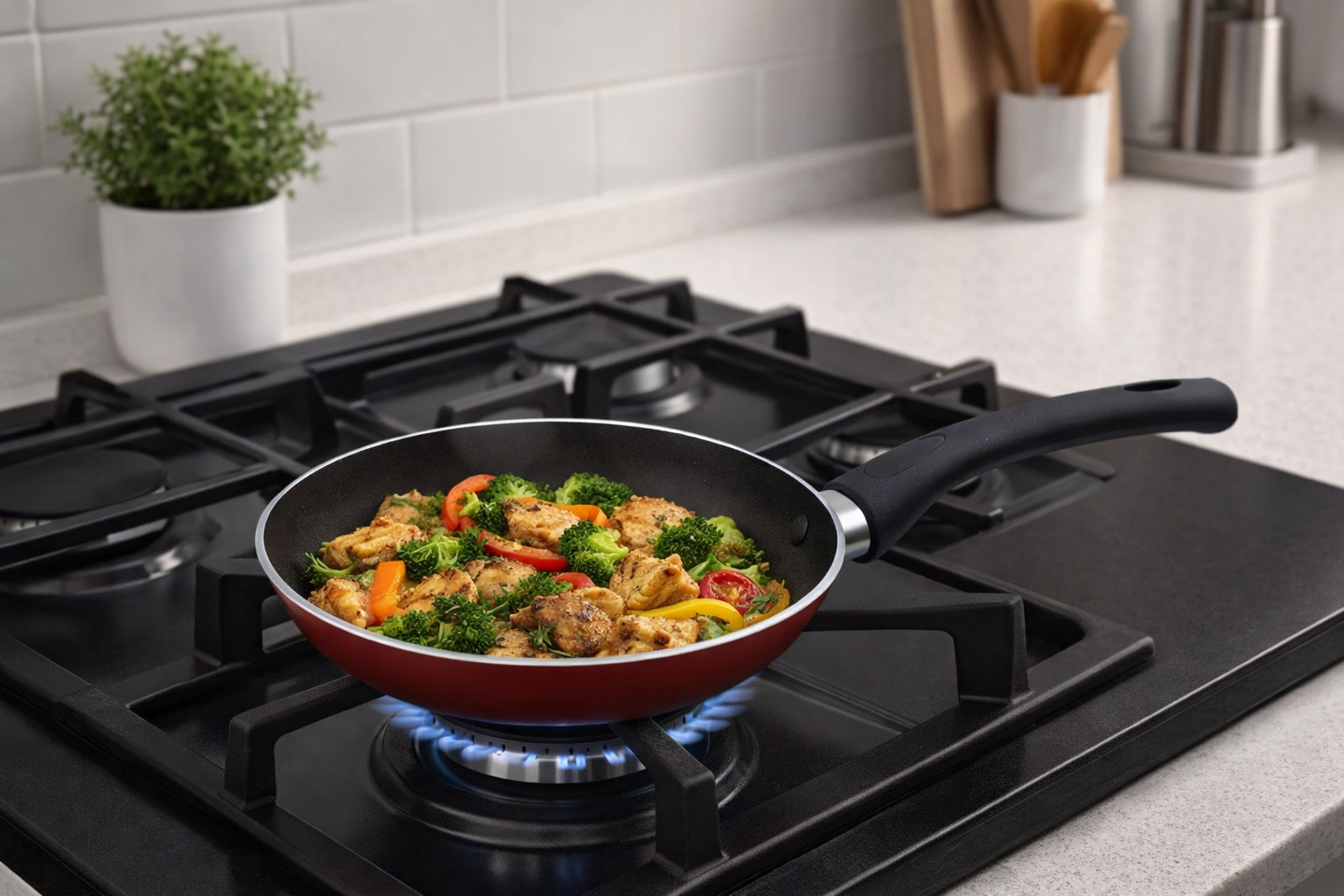 Nouval 18cm Non-Stick Fry Pan red on Stove – Homedash Lebanon