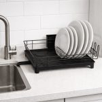 Compact Black Metal Dish Drying Rack with Utensil Holder on Kitchen Counter