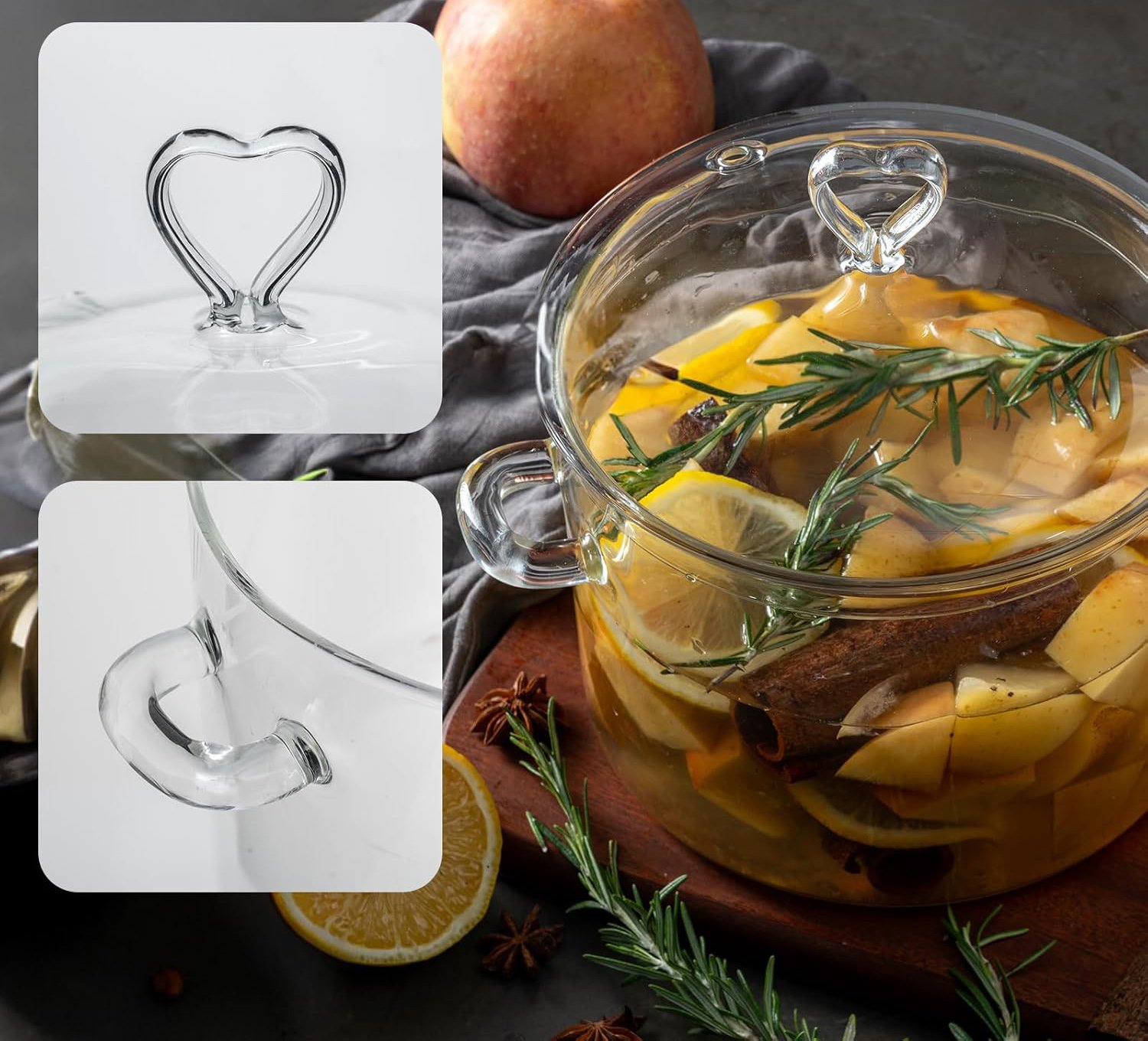 Clear Glass Cooking Pot with Heart Shape Lid Transparent Casserole