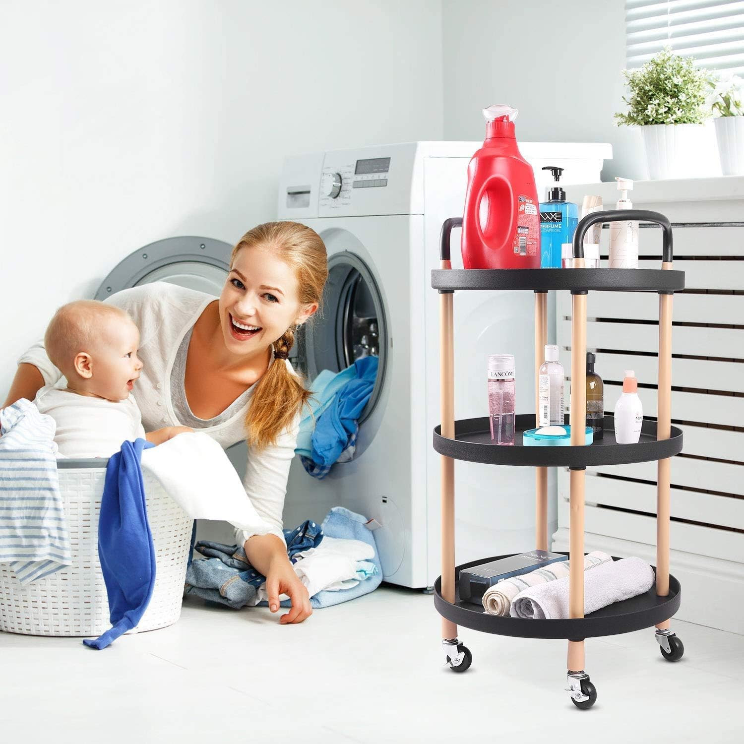3-tier rolling utility cart with lockable wheels and durable plastic shelves for kitchen, bathroom, office, and laundry storage