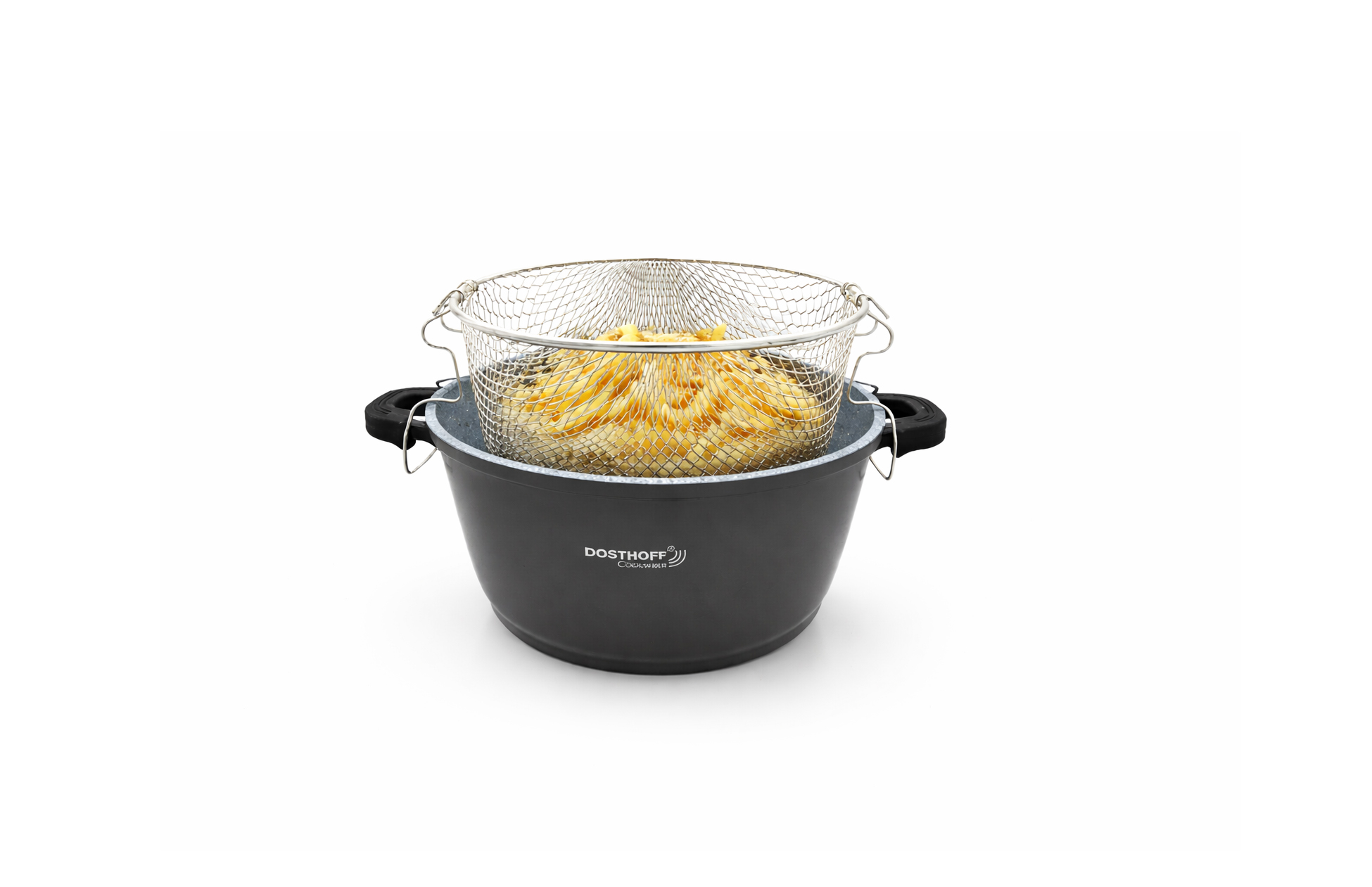 Non Stick Ceramic Deep Fryer Pot with Glass Lid and Frying Basket 26cm Black