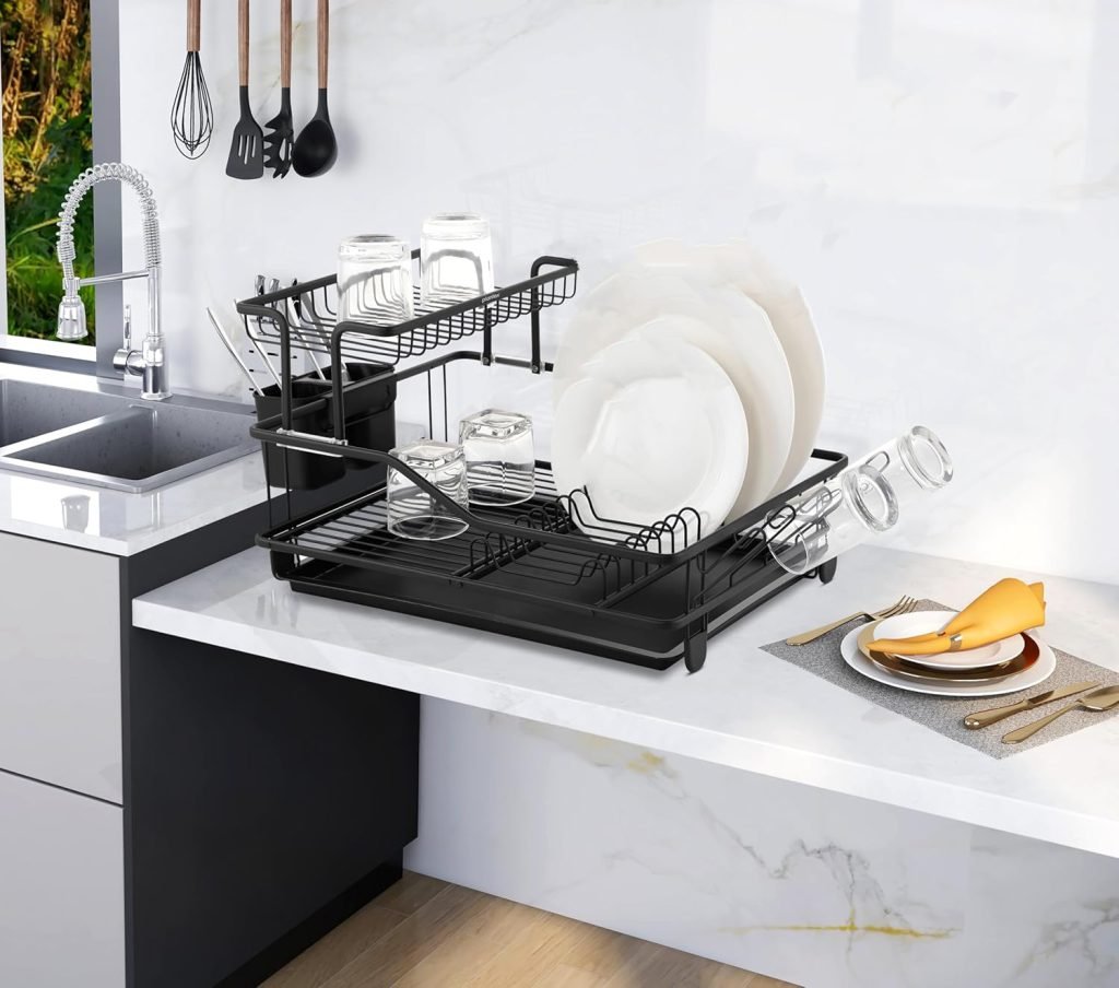 2-TIER DISH DRYING RACK WITH DRAINER TRAY & CUTLERY HOLDER – STEEL ...