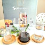 Nova set of 18 glass cups including small, medium, and large sizes displayed as modern clear drinking glasses