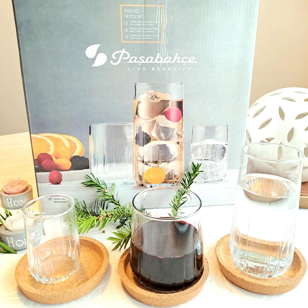 Nova set of 18 glass cups including small, medium, and large sizes displayed as modern clear drinking glasses