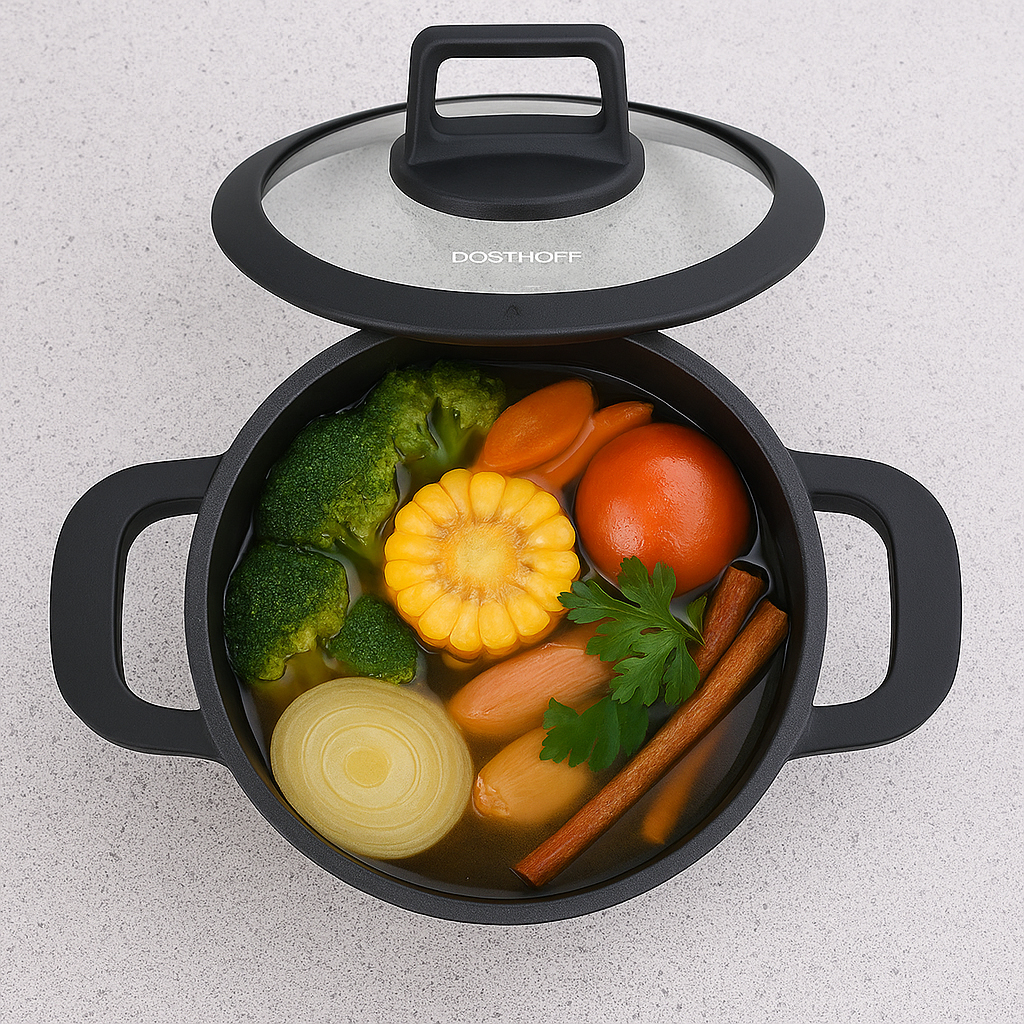 Black Dosthoff 9.2 L Quantum Ceramic casserole with tempered glass lid and silicone handles, featuring German Greblon Q-Line coating