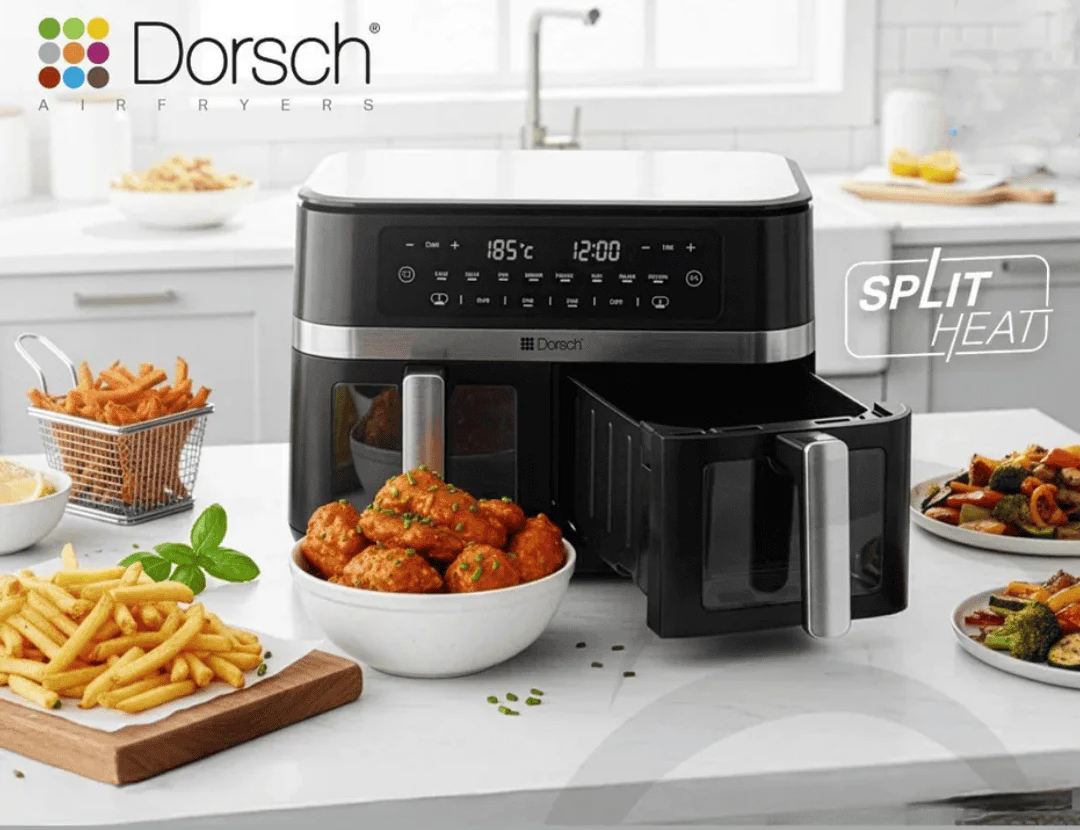 Dorsch Double Air Fryer AF-820 with dual baskets and digital touch control in black finish