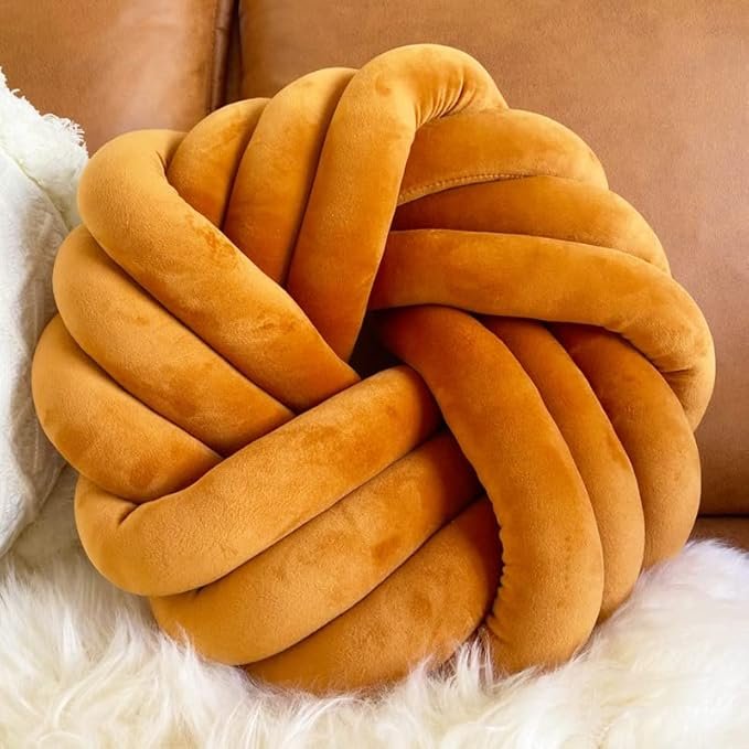 ROUND KNOT PILLOW PLUSH VELVET BALL CUSHION –  SOFT DECORATIVE THROW PILLOW FOR BED SOFA & LIVING ROOM - Brown