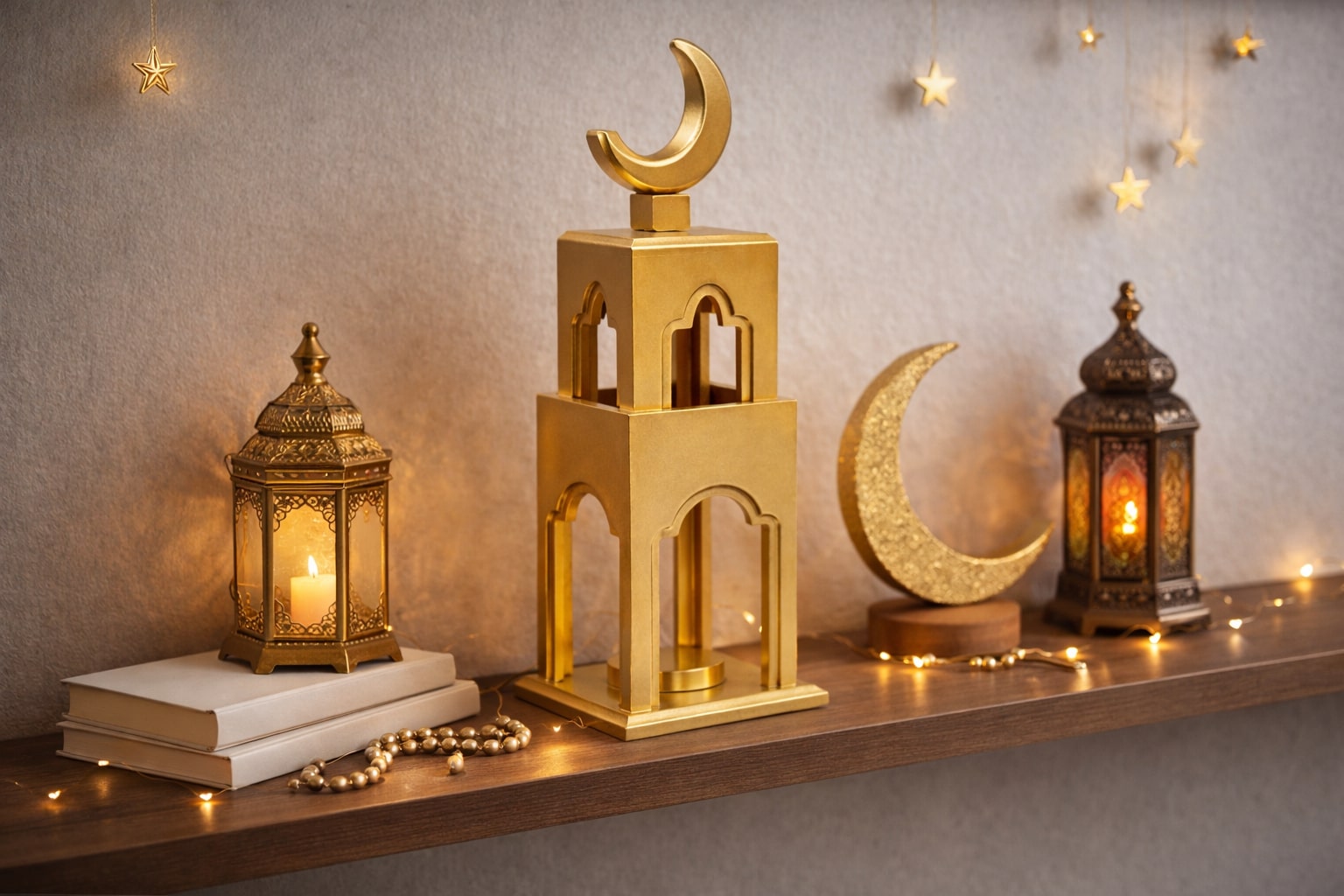 Gold medium tower minaret Ramadan decoration with moon displayed next to a TV in a modern living room