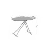 Full size ironing board with grey fabric cover, adjustable height metal legs, foldable design and built-in iron rest for home laundry use