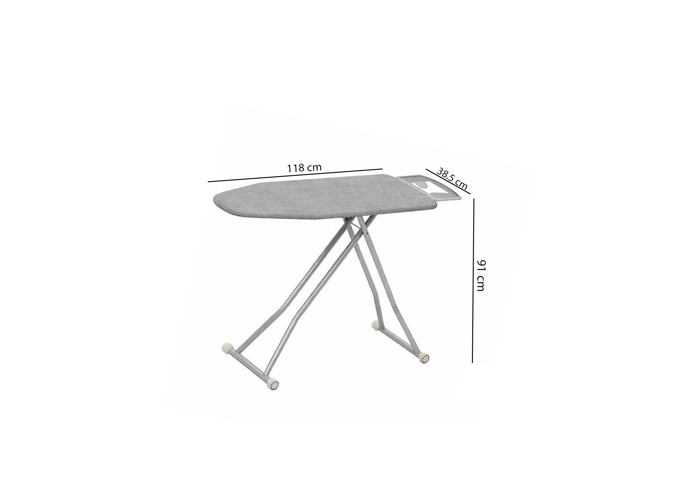 Full size ironing board with grey fabric cover, adjustable height metal legs, foldable design and built-in iron rest for home laundry use
