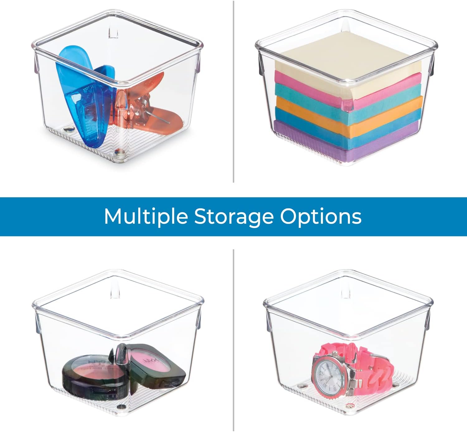 Clear plastic drawer organizer tray for makeup, jewelry, and small accessories, stackable vanity and bathroom storage solution