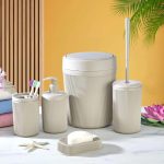 BATHROOM ACCESSORIES SET 5 PIECES – DURABLE PLASTIC BATH ENSEMBLE WITH SOAP DISPENSER & TRASH CAN - Beige