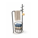 bathroom stand, towel rack with marble base, mesh laundry basket, and multiple towel rails in gold and black finish for bathroom organization