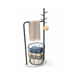 BATHROOM STAND SIDE - 5 HANGERS 1 TOWEL TACK - FREESTANDING TOWEL RACK WITH MARBLE BASE & LAUNDRY BASKET - Black