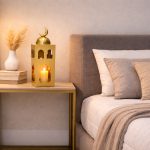 minaret Ramadan decoration with moon displayed next to a TV in a modern living room