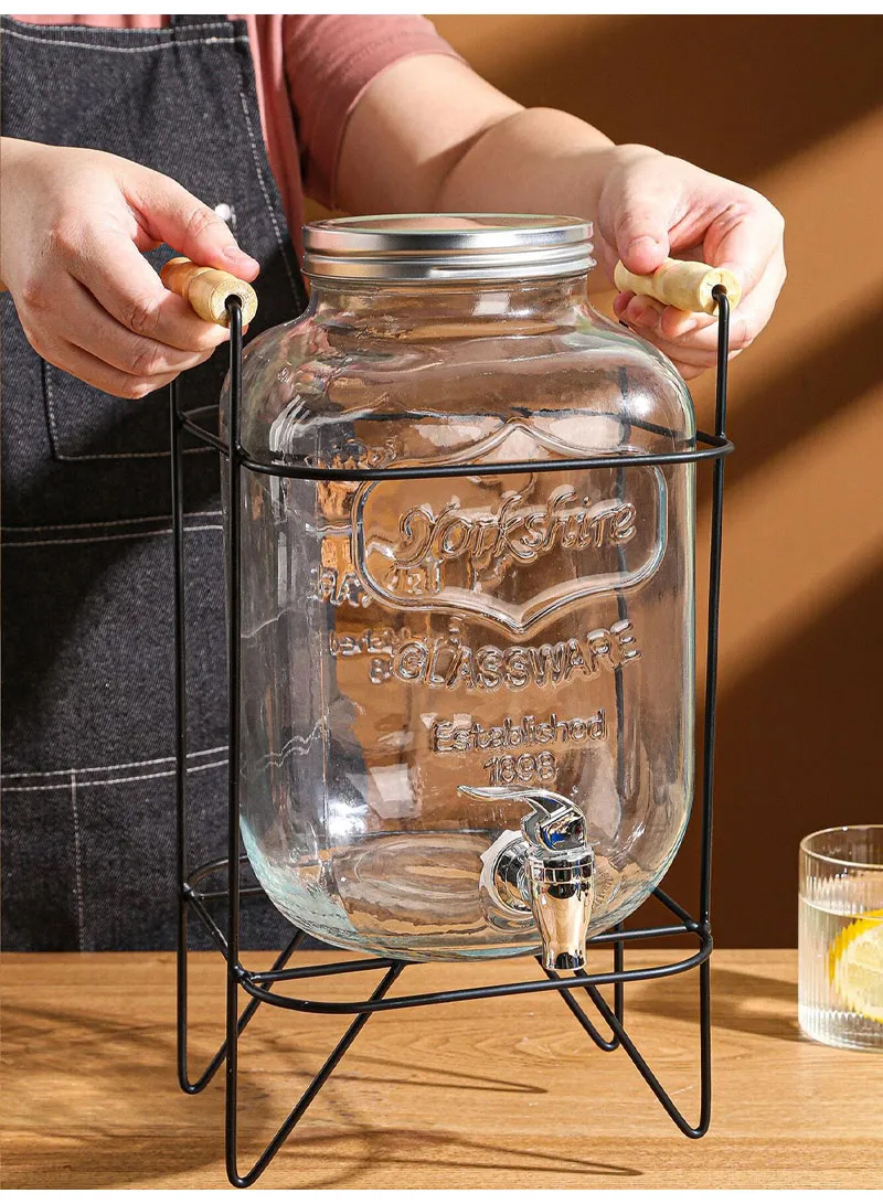 5L Glass Beverage Dispenser Jug with Iron Stand and Wood Handle