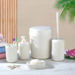 BATHROOM ACCESSORIES SET 5 PIECES – DURABLE PLASTIC BATH ENSEMBLE WITH SOAP DISPENSER & TRASH CAN - White