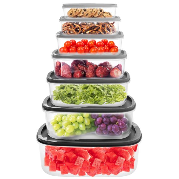 Set of 7 clear nesting plastic food storage containers with secure snap-on lids in multiple sizes for kitchen organization