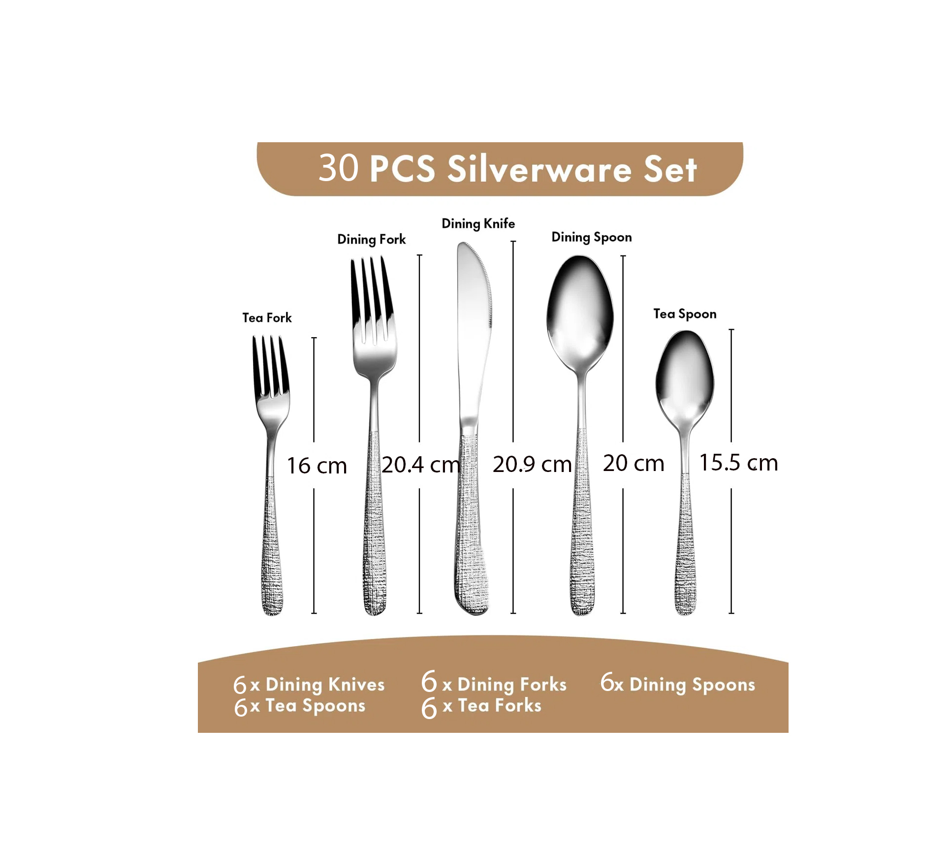 stainless steel 30-piece cutlery set with mirror finish including forks, spoons and knives arranged around dining plate