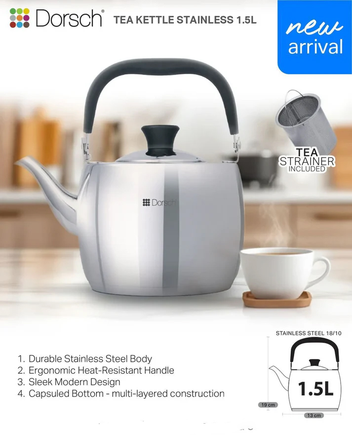 Dorsch Stainless Steel Kettle 1.5L Mirror Silver – Homedash
