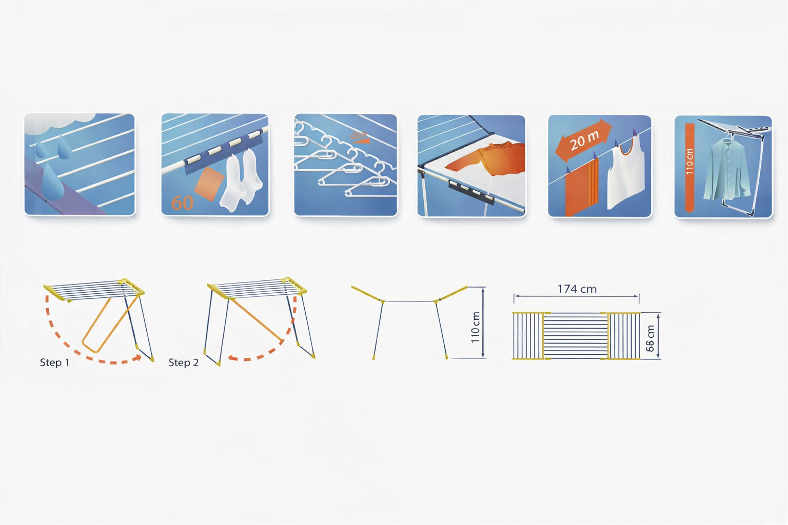 clothes dryer with epoxy coating, 20 meter drying space steel foldable laundry rack with non-slip feet and locking wings