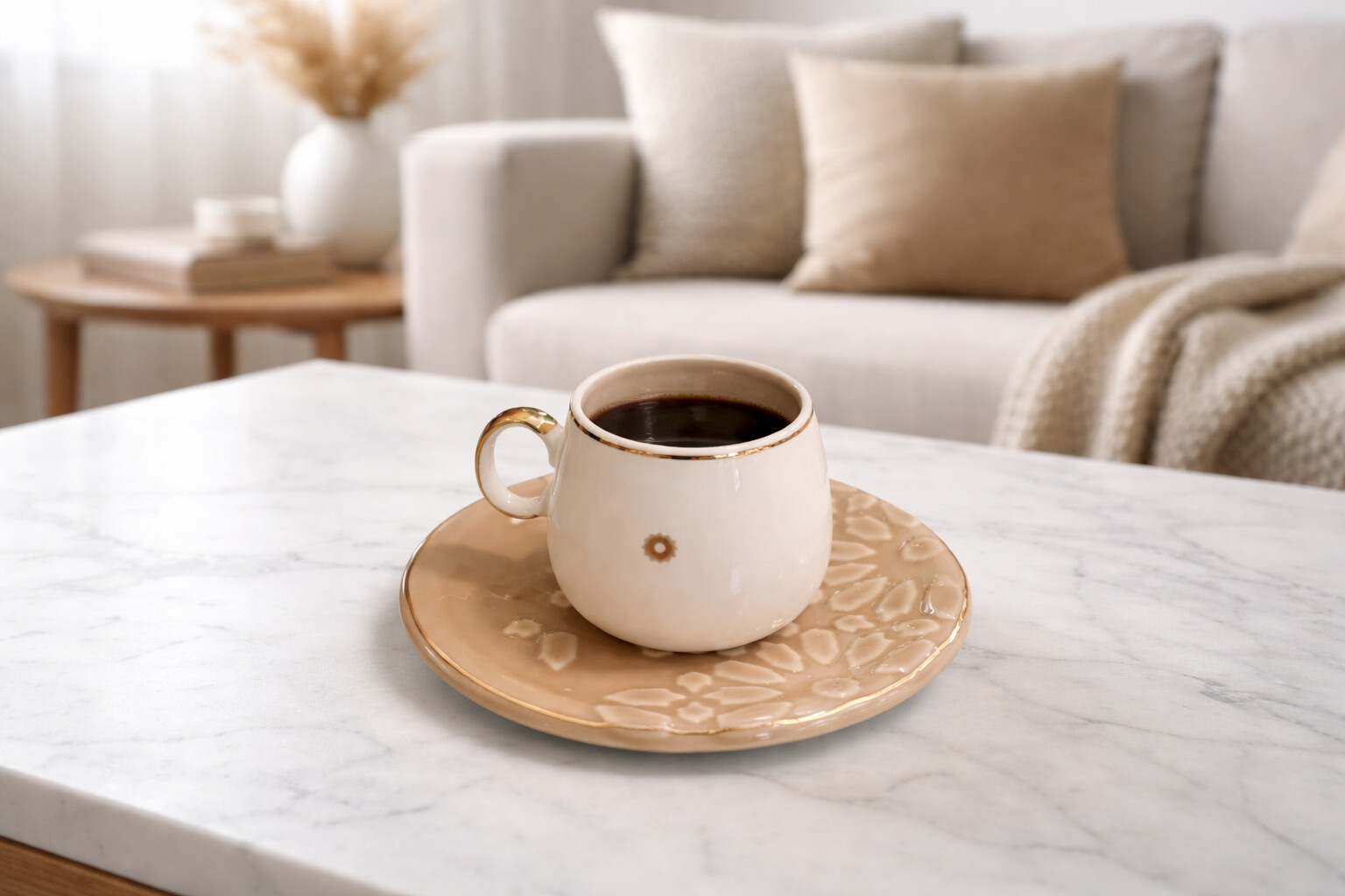 coffee cups with luxury gold ring and matching plates arranged for elegant coffee serving