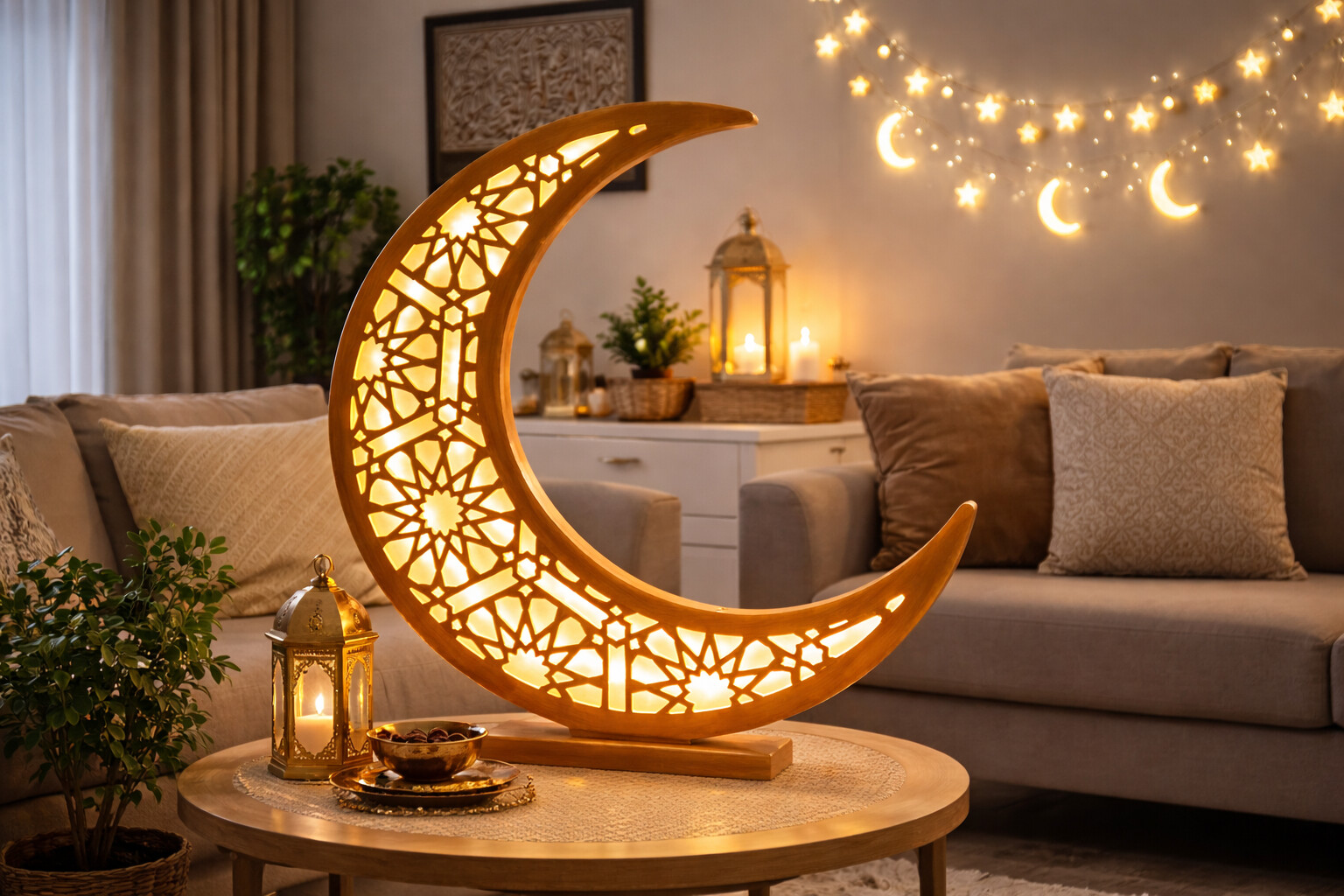 Ramadan Crescent Moon Wooden Decor Lamp Large Islamic Decoration