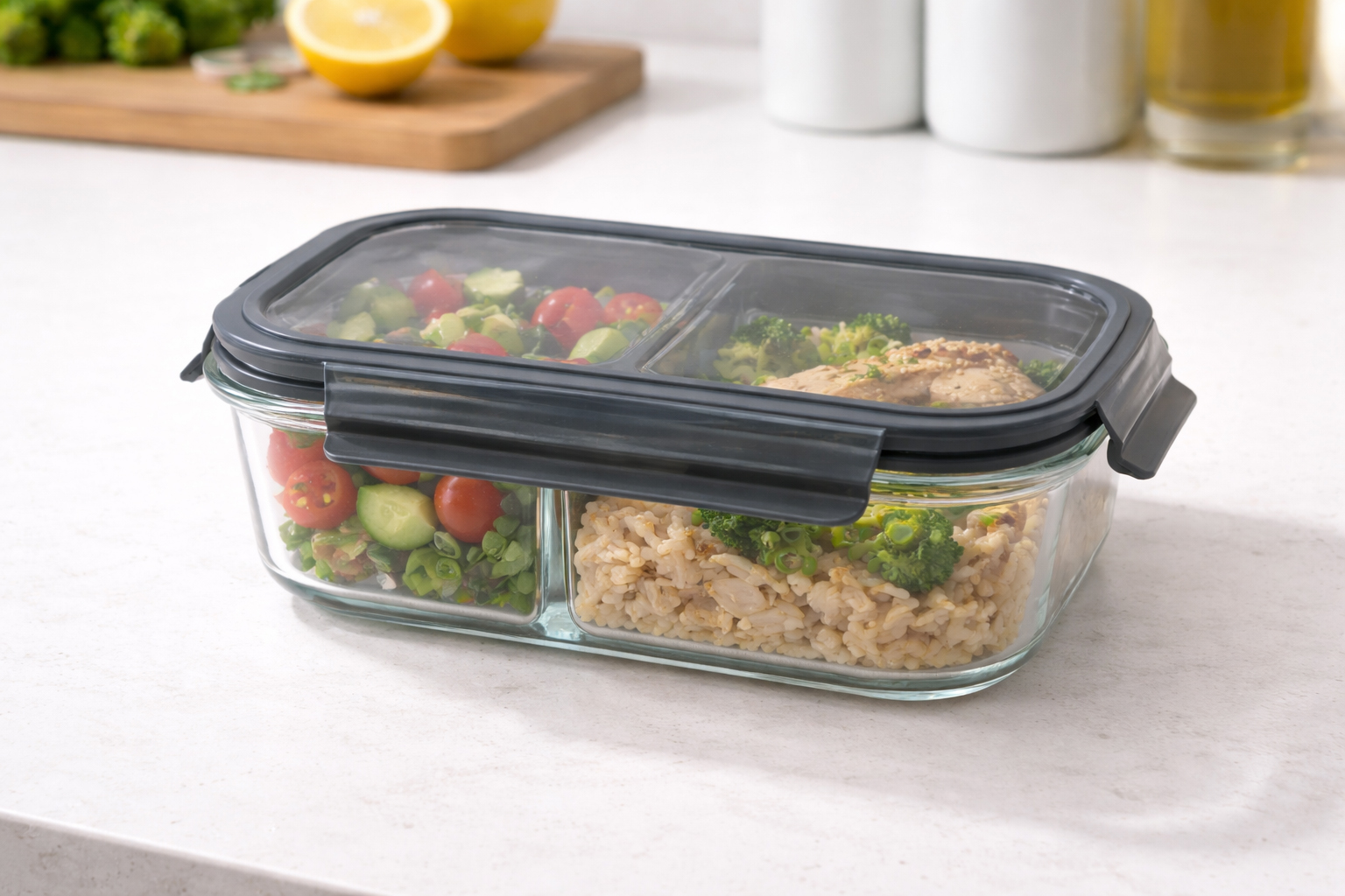 Rectangular glass meal prep container with 2 compartments and airtight locking lid, 1380ml borosilicate glass food storage box