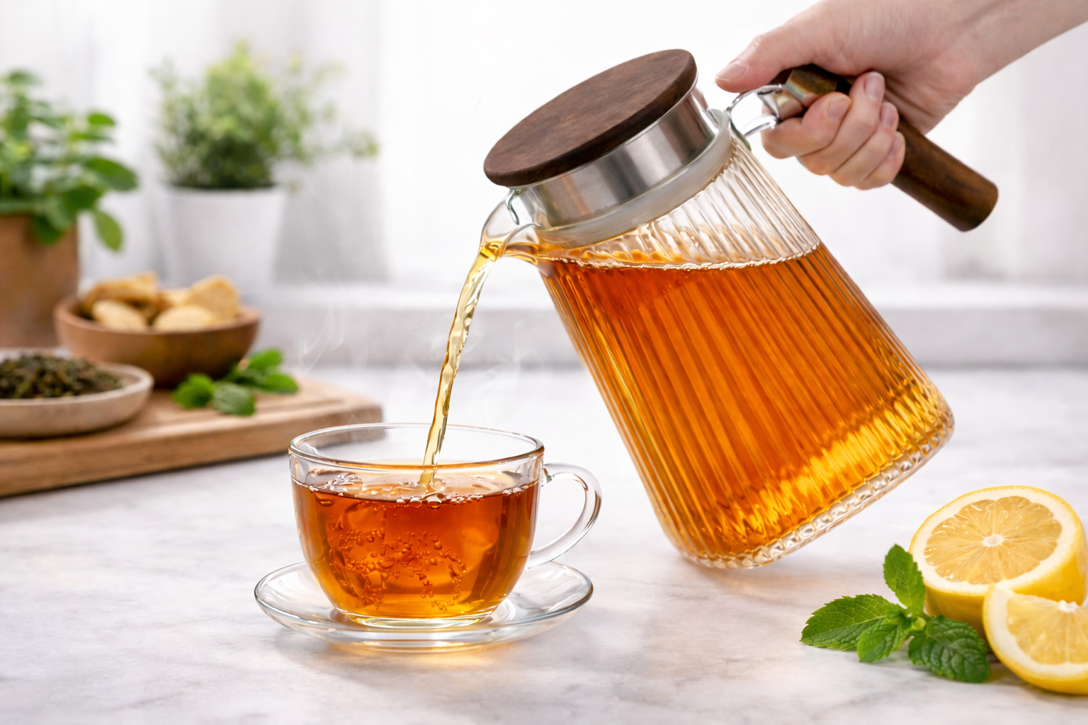 glass water pitcher with wooden handle, stainless steel filter lid and anti-drip spout for hot and cold beverages – available at Homedash Lebanon.