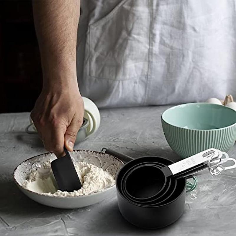 8 pieces measuring cups and spoons set in black with stainless steel engraved handles stackable for dry and liquid ingredient measuring