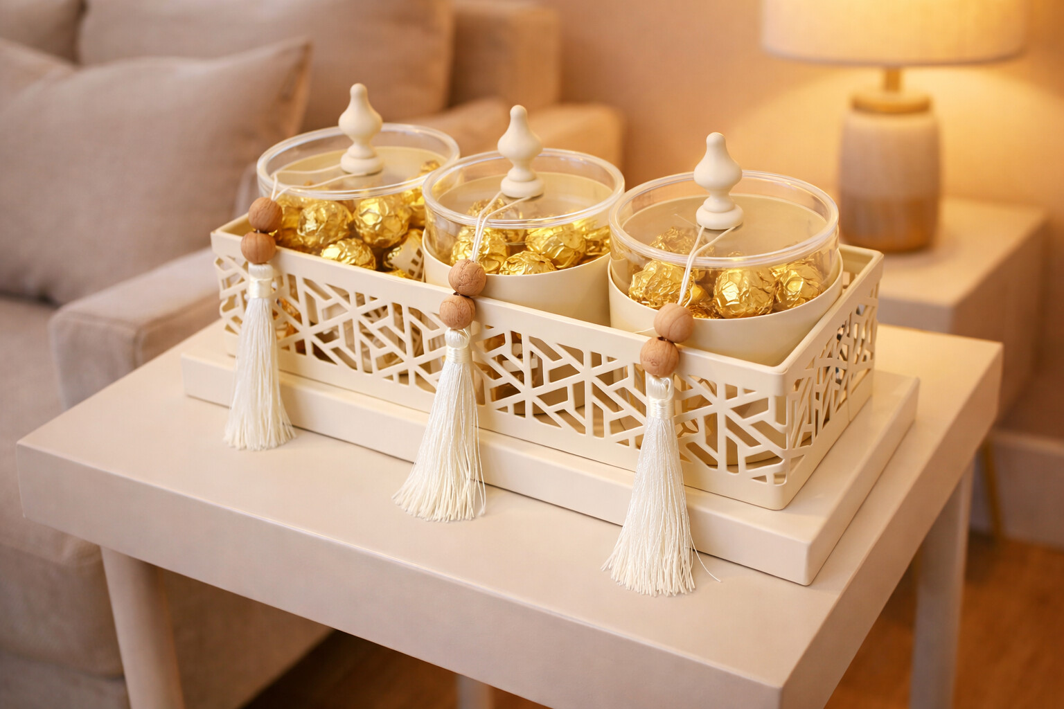 decorative Ramadan plexi jars set with metal tray featuring 3 jars filled with wrapped chocolates, elegant serving and countertop décor from Homedash Lebanon