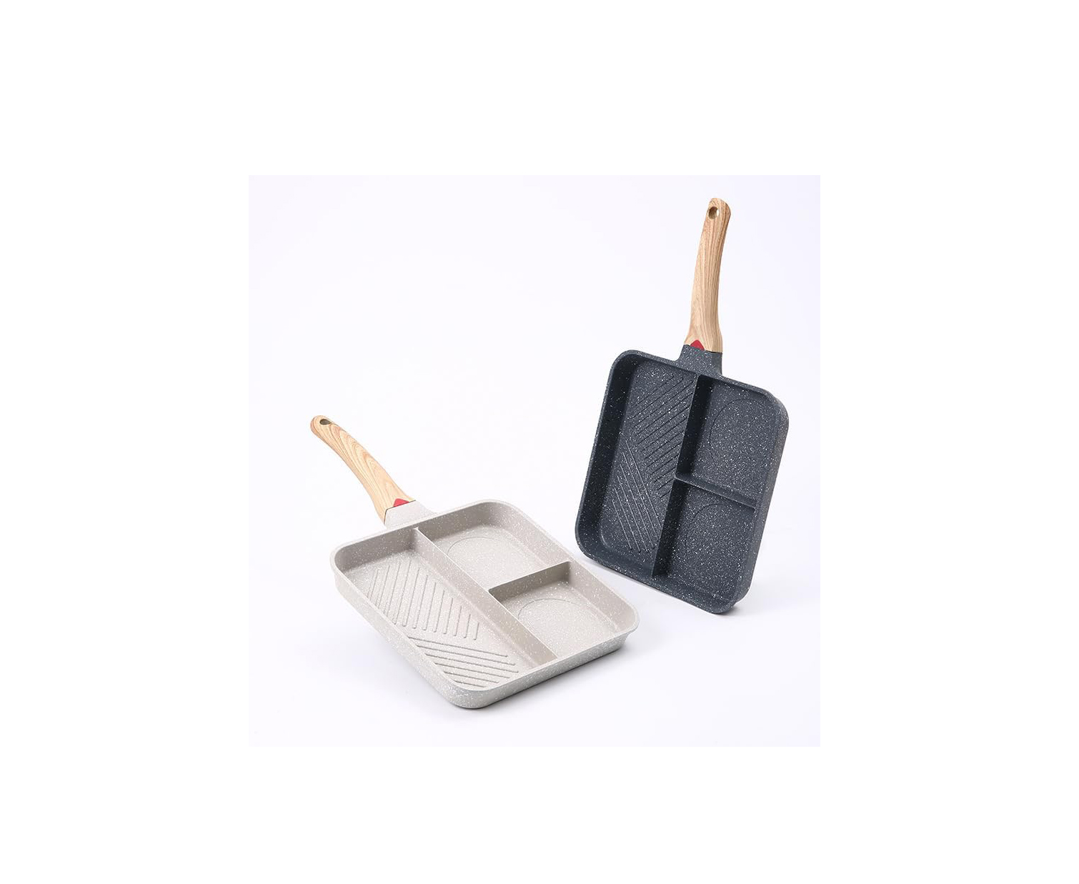 3-section non-stick egg frying pan with detachable wooden handle suitable for induction cooking