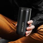 Black vacuum insulated stainless steel travel mug 13.5oz with leak proof screw lid for hot and cold drinks