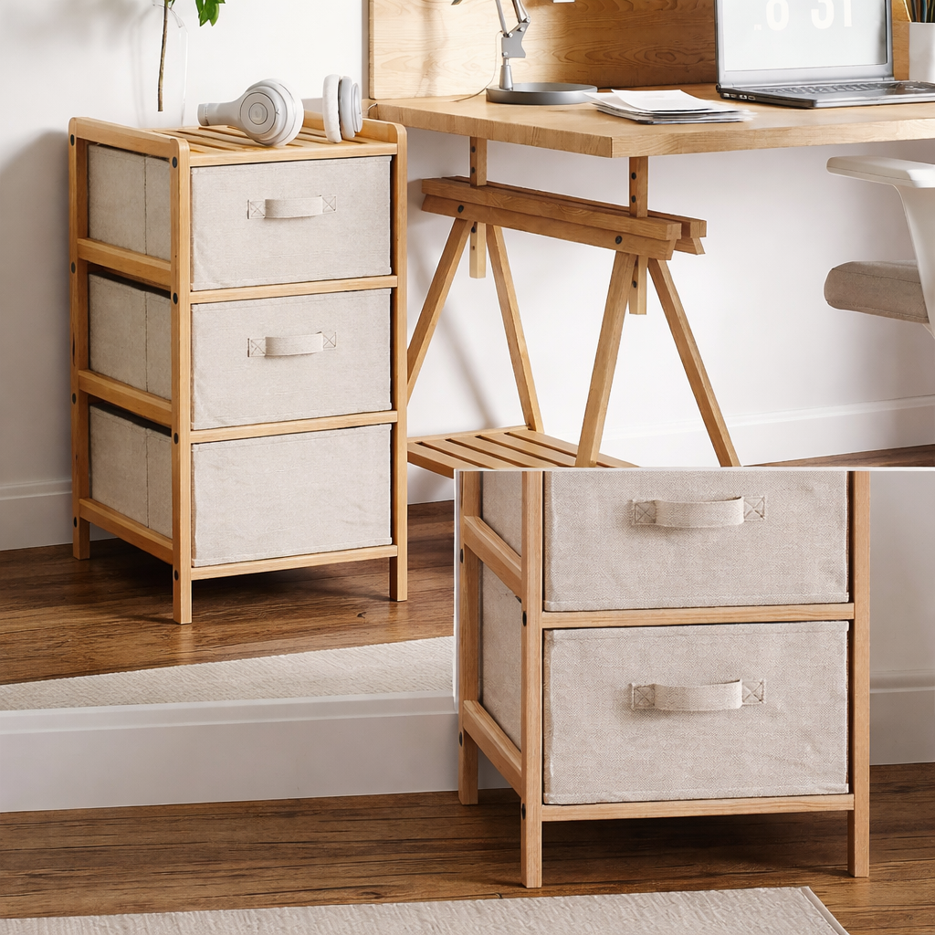 3 Tier Bamboo Drawer Storage with Pull Out Fabric Bins Organizer